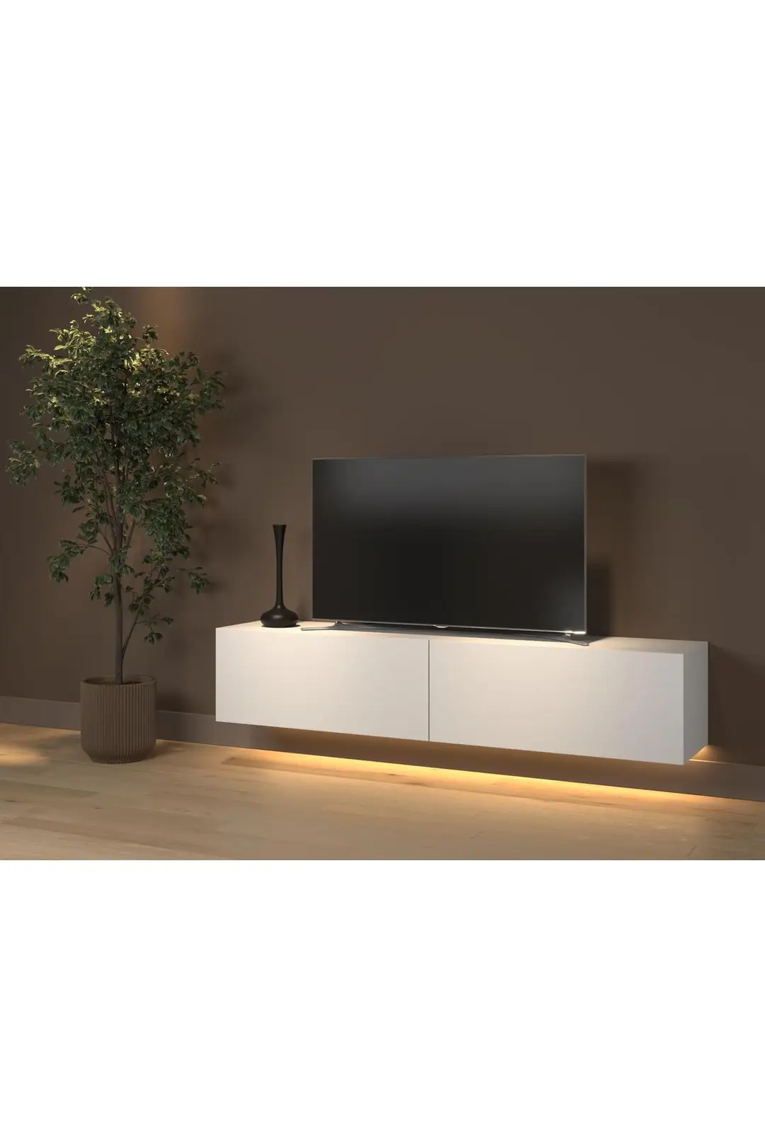 Rami Duvara Monte Led Işıklı, Dolaplı Tv Ünitesi - Tv Sehpası - Minifiksli - Beyaz